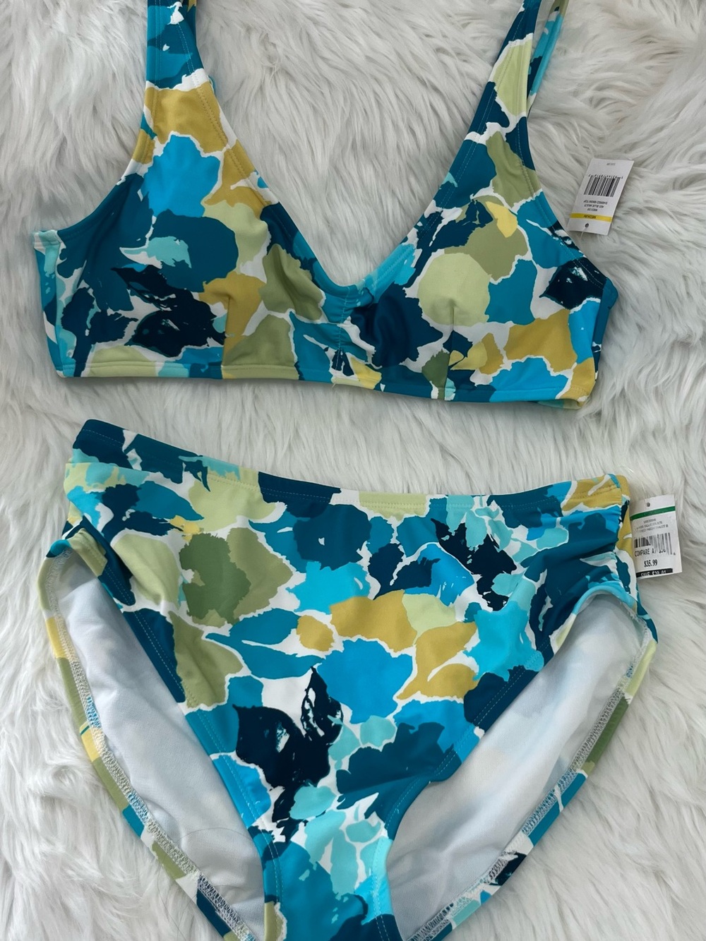 Watercolor Abstract Bikini Set NWT Top M Bottom L Blue Green Yellow